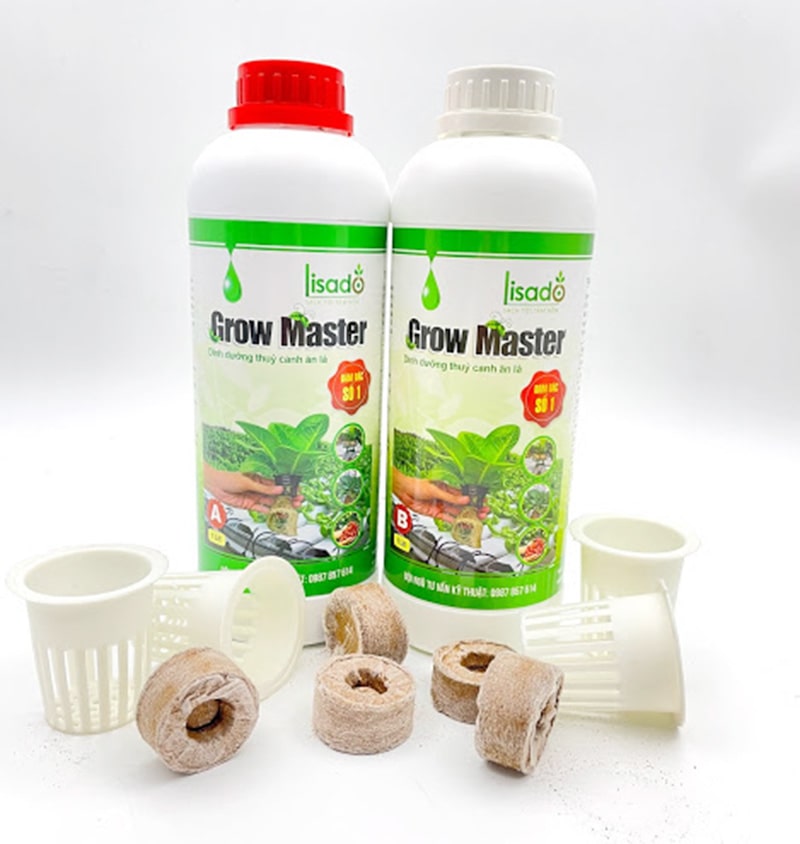 Combo 01 cặp dung dịch Grow Master 2 lít, 200 viên xơ dừa, 200 rọ nhựa thủy canh