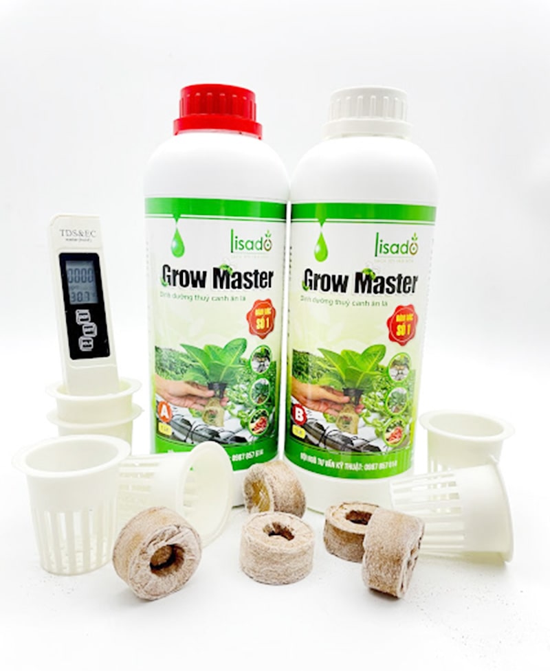 Combo 01 cặp dung dịch Grow Master 2 lít, 200 viên xơ dừa, 200 rọ nhựa và 1 bút đo PPM