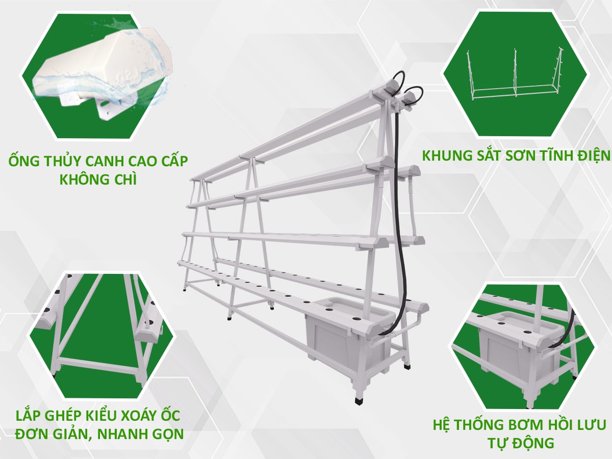 Giàn trồng rau thủy canh chữ A GLS-03 dài 3 mét 4 tầng 8 ống