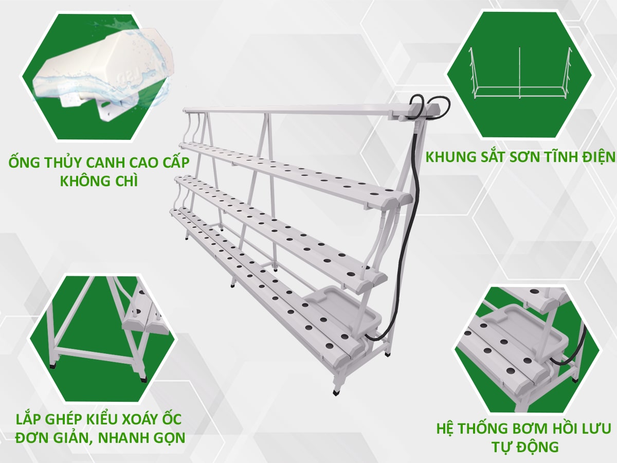 Giàn trồng rau thủy canh bán chữ A dài 3m 4 tầng, 8 ống