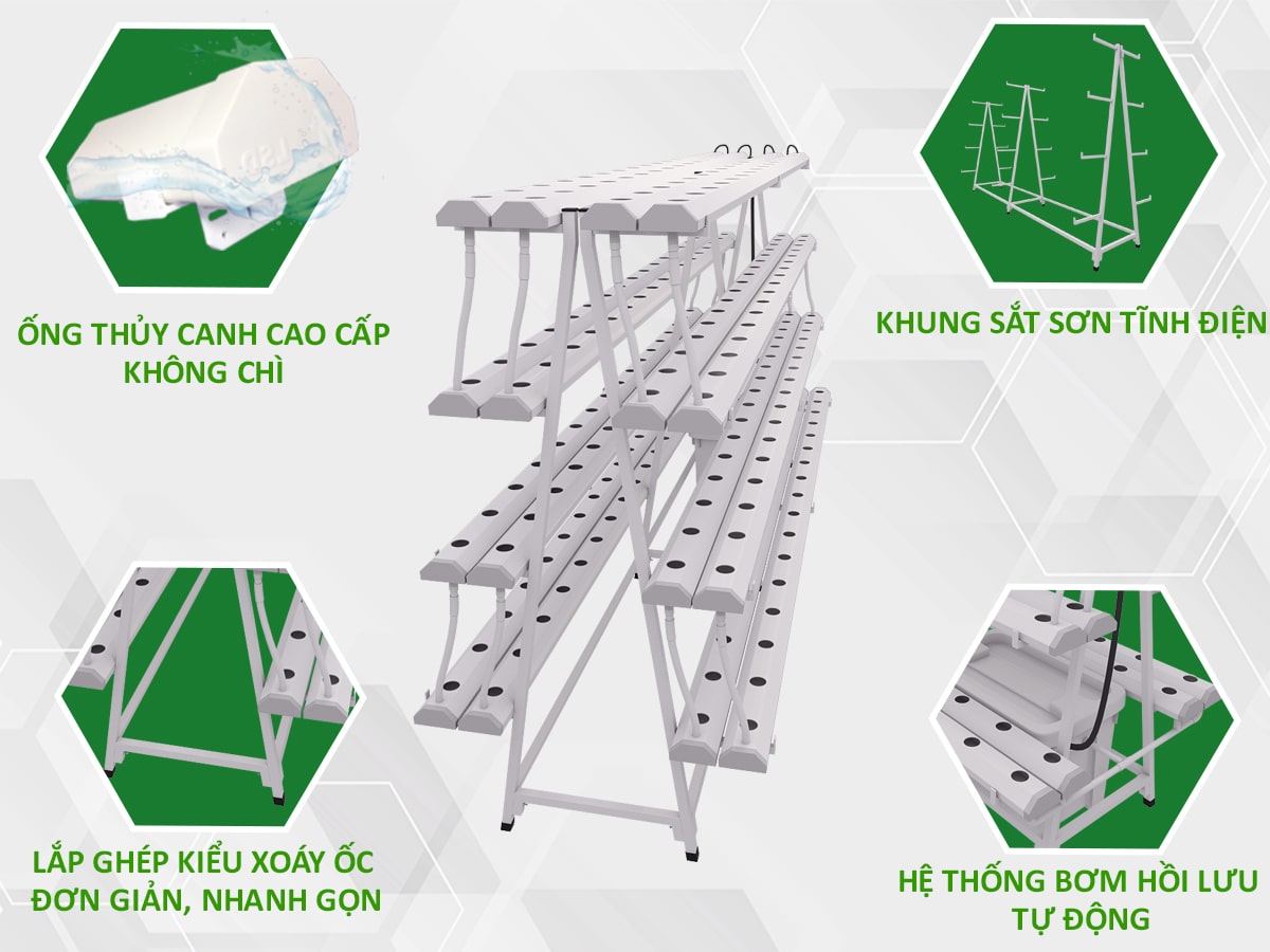 Giàn trồng rau thủy canh chữ A GLS-09 dài 3 mét 4 tầng 8 ống